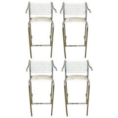 Set of 4 Thonet Bar Stools in Chrome and Enameled Mesh