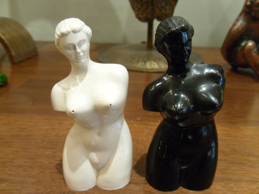 They are salt and pepper shakers of nude women...the salt shaker in off-white and the pepper shaker in black. They are corked at the bottom and thereby can be filled and re-filled. <br />
<br />
Great gift!<br />
<br />
Several sets available.