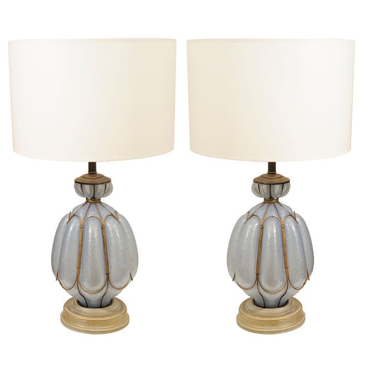 Pair of  Blue Murano and Gilt Lamps