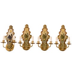 Vintage Four Twin Light Sconces with Hand-Painted Chinoisserie