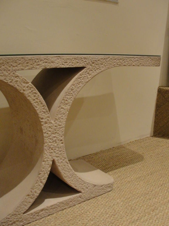 This is a RARE limited edition console from the Jean-Michel Frank Series by Karl Springer Ltd.  A truly hard to find cast stone console with rough edge trim and smooth top and sides.   ALL original.