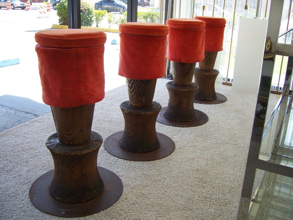 Rustic Andrée Putman Set of Four Wood TOTEM Barstools, 1984