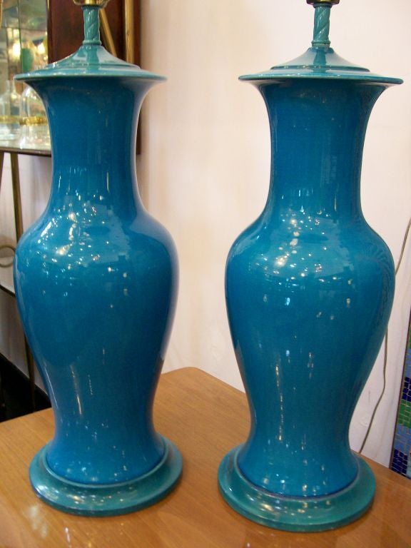 Exceptional Pair of Urn Style Turquoise Blue Table Lamps