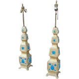 Pair of Turquoise Cabochon Ceramic Lamps in Temple Form