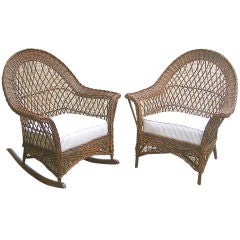 Antique MATCHING PAIR BAR HARBOR WICKER ARMCHAIR/ROCKER