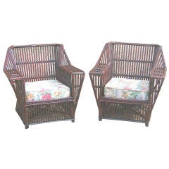 Antique MATCHING PAIR STICK WICKER ARMCHAIRS