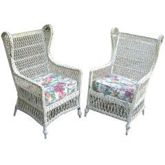 Antique MATCHING PAIR BAR HARBOR WICKER WING CHAIRS