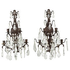 Pair of Five Light Wall Sconces with Crystal Drops