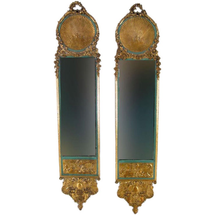 Pair of Louis XV Style Gilded & Painted Narrow Mirrors