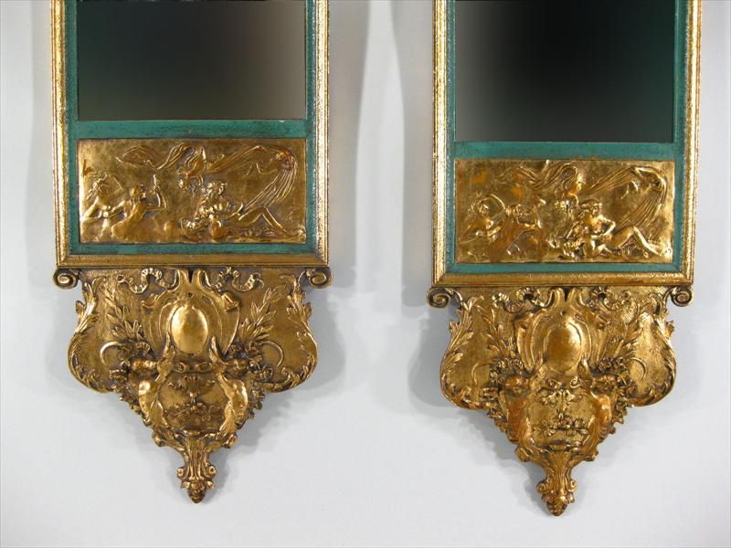 French Pair of Louis XV Style Gilded & Painted Narrow Mirrors