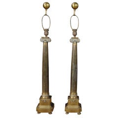 A Pair of Neoclassic Brass Columns with Capitals now as Lamps
