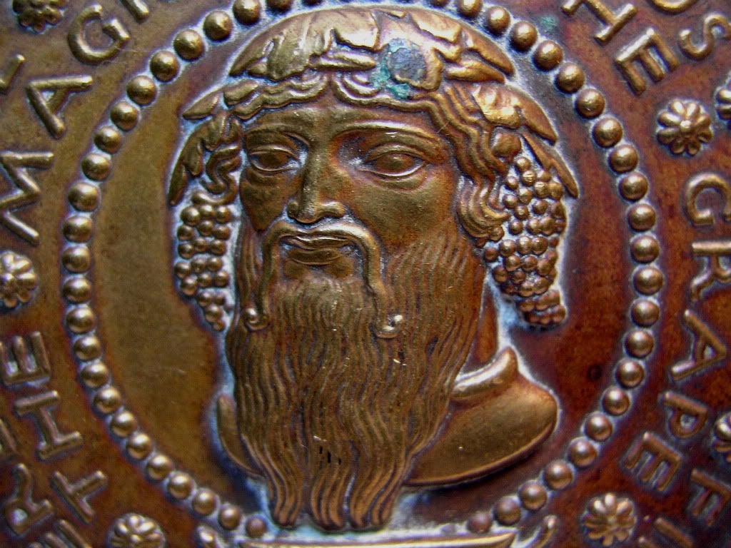 A nice medal produced by the Medallic art company of NY in it's second issue in 1930 done by Paul Manship one of the most important American art deco sculptors. This medallion depicts Dionysus and is marked Hail to Dionysus who first discovered the