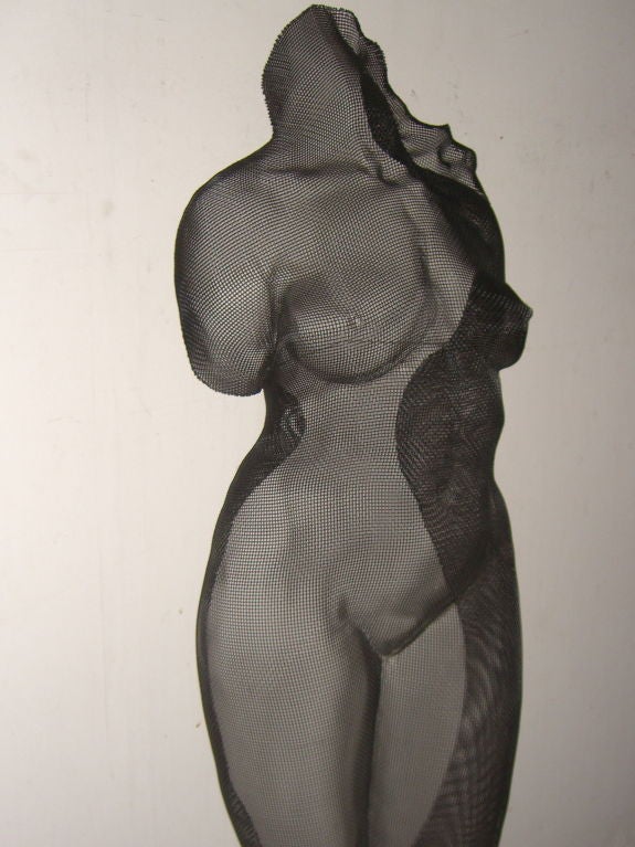 A wonderful wire mesh sculpture by the noted Idaho Artist Eric Boyer. This nude female torso bears a metal tag signed Eric Boyer 1994. Please note that it is not two tone but the darker areas are where the mesh overlaps. Please be sure to visit the