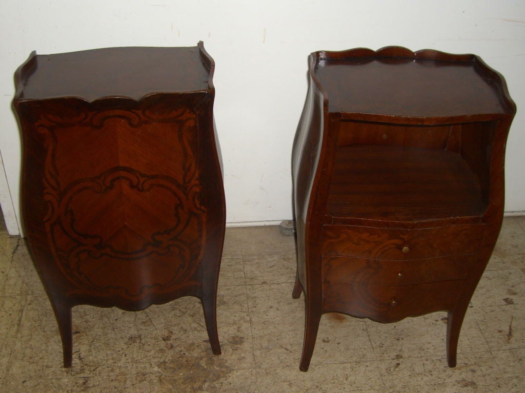 French Pair of marqeutry inlaid bombay french night stands end tables