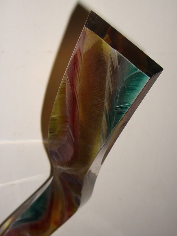 A really wonderful acrylic colorful sculpture by the noted Florida artist Rod Garrett. It is titled Lois+540 and signed and dated 1-02. It is large as well approx 30 inches tall. It has a unique way of capturing light that breaks it down as a prism