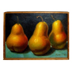 Nice oil on canvas of three pears illegibly signed dated 1986