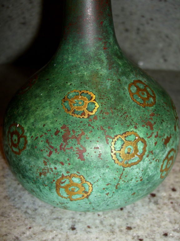 French Beautifully patinated inlaid Christofle bronze vase For Sale