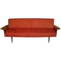 Curved bent plied walnut armed sofa w/Knoll Coco chenille fabric