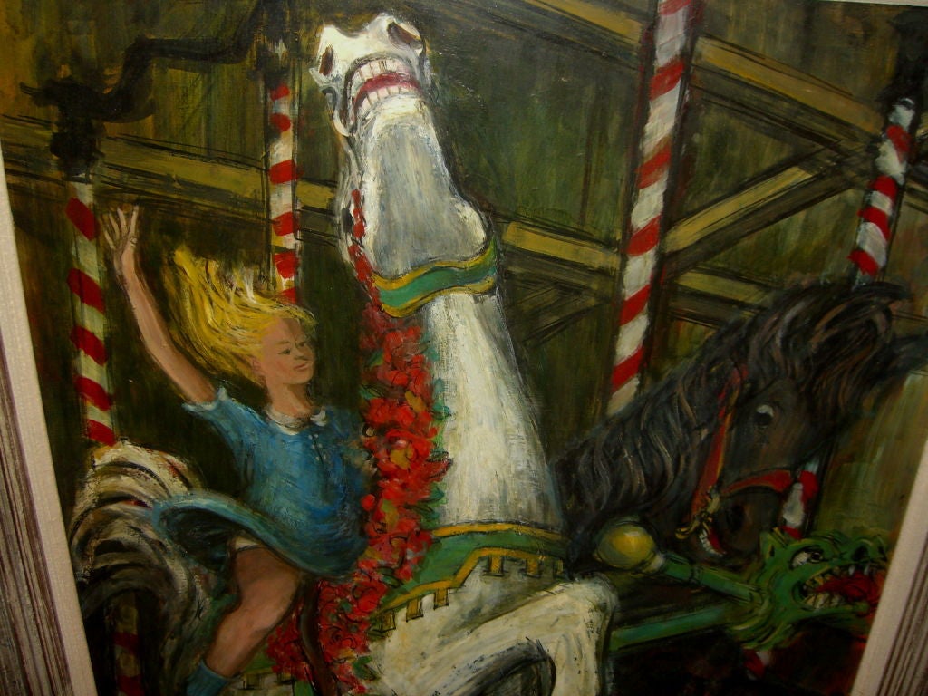 A wonderful oil on board depicting an exuberant girl on a horse carousel ride. The painting is signed Lion and dated 57. There is a gallery label on the rear and remnants of an exhibition sticker or price on a piece of the liner pictured. We believe