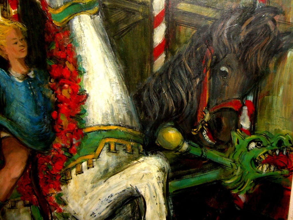 American Wonderful oil girl on a carnival ride signed Lion 57
