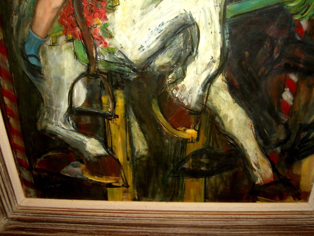 Mid-20th Century Wonderful oil girl on a carnival ride signed Lion 57