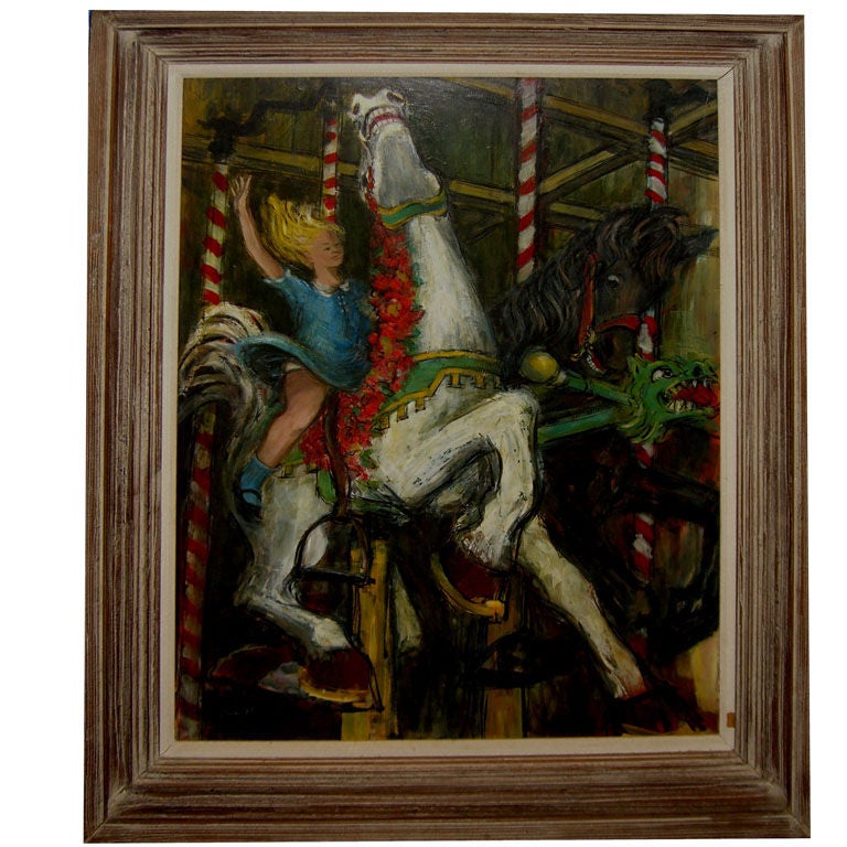 Wonderful oil girl on a carnival ride signed Lion 57