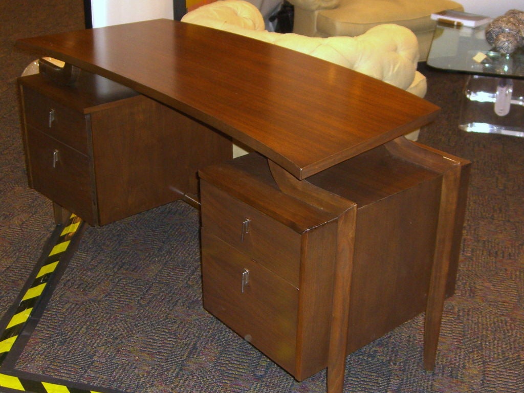 Tribond 1950 S Floating Top Walnut Desk W Flared Supports At 1stdibs A Nicely Designed Floating Top Walnut Veneered Desk With Great Curved Supports The Label Inside