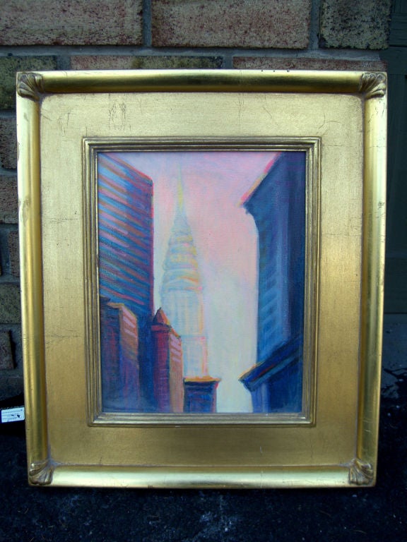 A nice image of the Chrysler building by the noted NY artist Sandra Rubel. This artist is still working and we retrieved her biography from her website, please have a look at srubel.com. This painting is not signed but we guarantee it and it is from