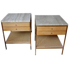 Pr of Paur Mccobb end tables w/ 2 drawers & travertine tops