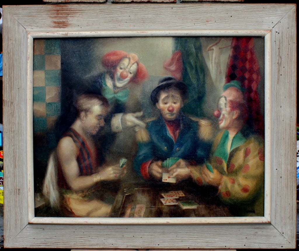 Oil on Canvas Signed Russin of Clowns Playing Cards