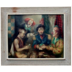 Huile sur toile signée Russin of Clowns Playing Cards (Les clowns jouant aux cartes)