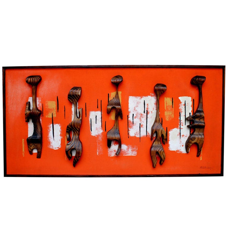 Unusual 1960
s Art of 5 Hand Carved Wood Figures Mounted on Cloth