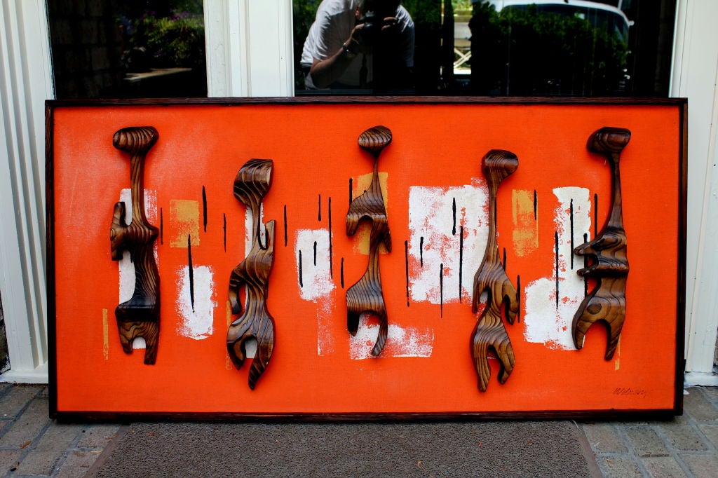 Unusual 1960's Art of 5 Hand Carved Wood Figures Mounted on Cloth