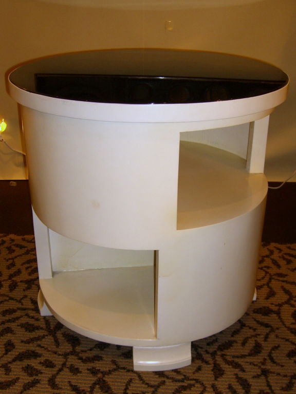Hungarian Art Deco Lacquered Wood Round Table Black Glass Top In Good Condition In Palm Springs, CA