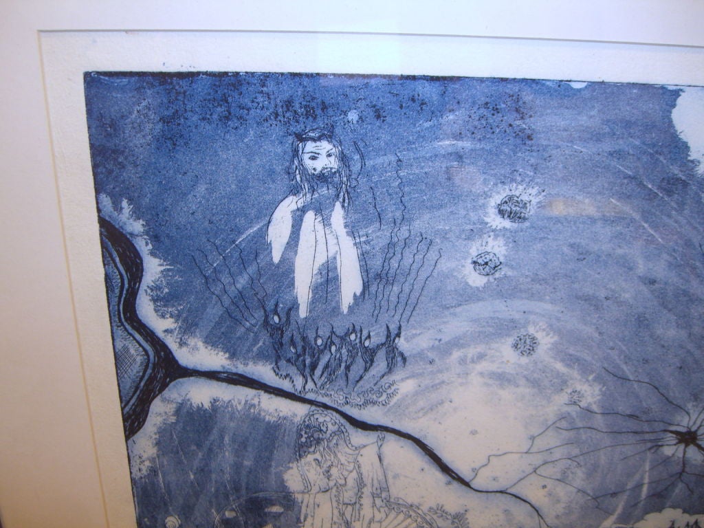 Una splendida litografia firmata, anche se non riesco a leggere il nome dell'artista. Si tratta di una prova d'artista e titola uno sguardo attraverso la finestra. È datato 1977 e NY. Grande immagine surrealista.