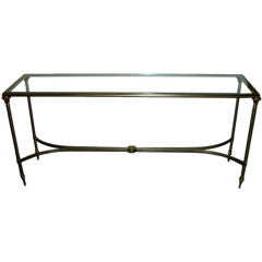 Beautiful polished steel and brass console table w/ glass top