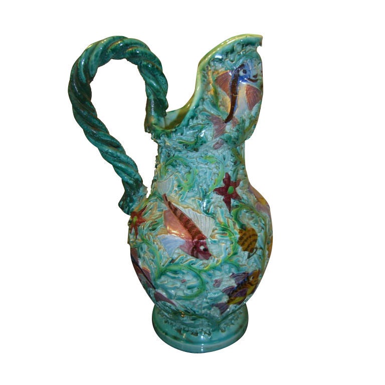 Italian Majolica Incised and Painted Ewer Fish Motif For Sale