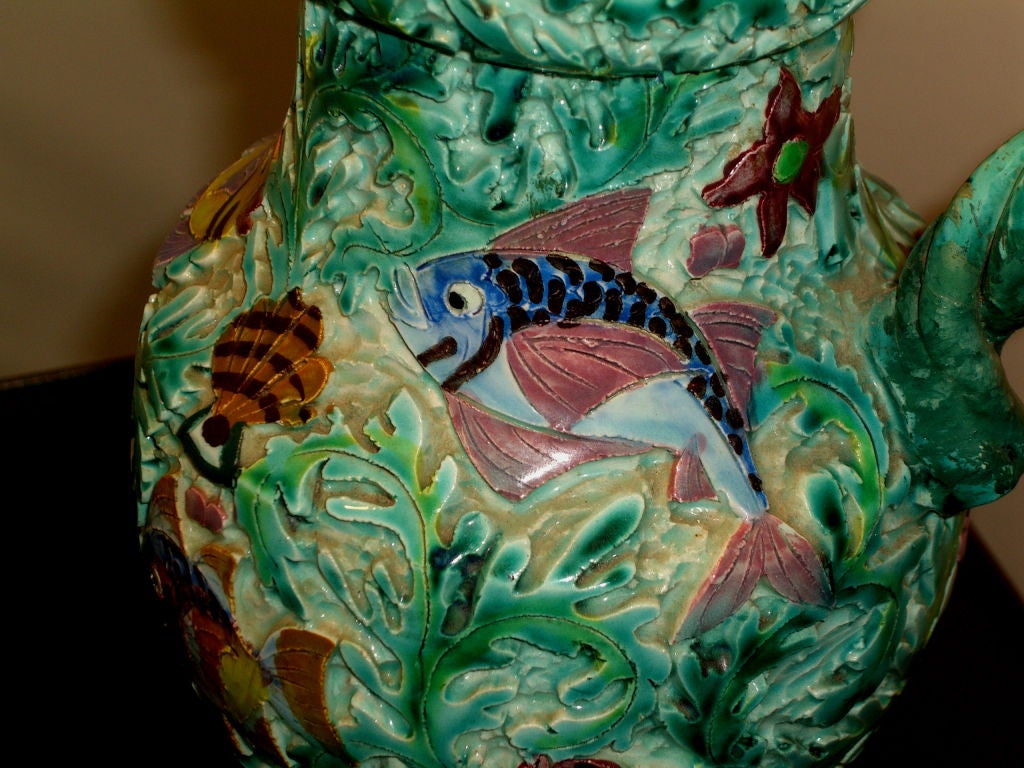 Italian Majolica Incised and Painted Ewer Fish Motif For Sale 2