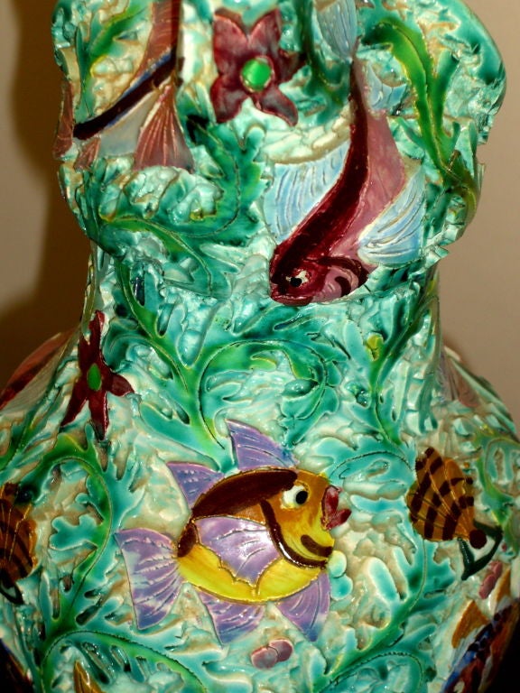 Italian Majolica Incised and Painted Ewer Fish Motif For Sale 3