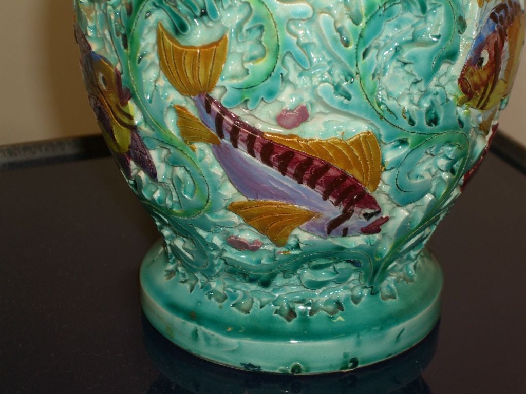 Italian Majolica Incised and Painted Ewer Fish Motif For Sale 4