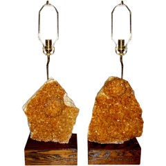 Magnifique paire de grandes lampes à quartz en citrine avec bases en chêne