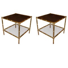 Vintage Pair of Mid-Century Faux Bamboo Two-Tiered Brass End Tables