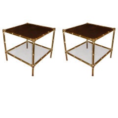 Pair of Mid-Century Faux Bamboo Two-Tiered Brass End Tables