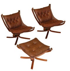 Pair of Falcon Chairs with Single Ottoman By Sigurd Ressell