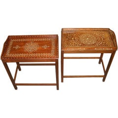 Antique Companion Pair Of Anglo-Indian Ivory Inlaid Trays On Stands