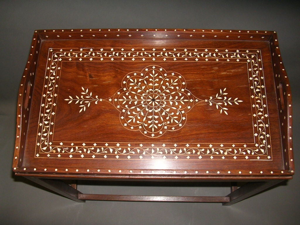 Rosewood Companion Pair Of Anglo-Indian Ivory Inlaid Trays On Stands
