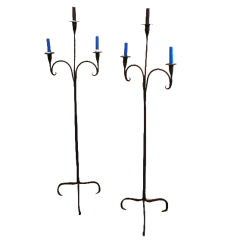 PAIR OF HAND FORGED IRON CANDELABRAS