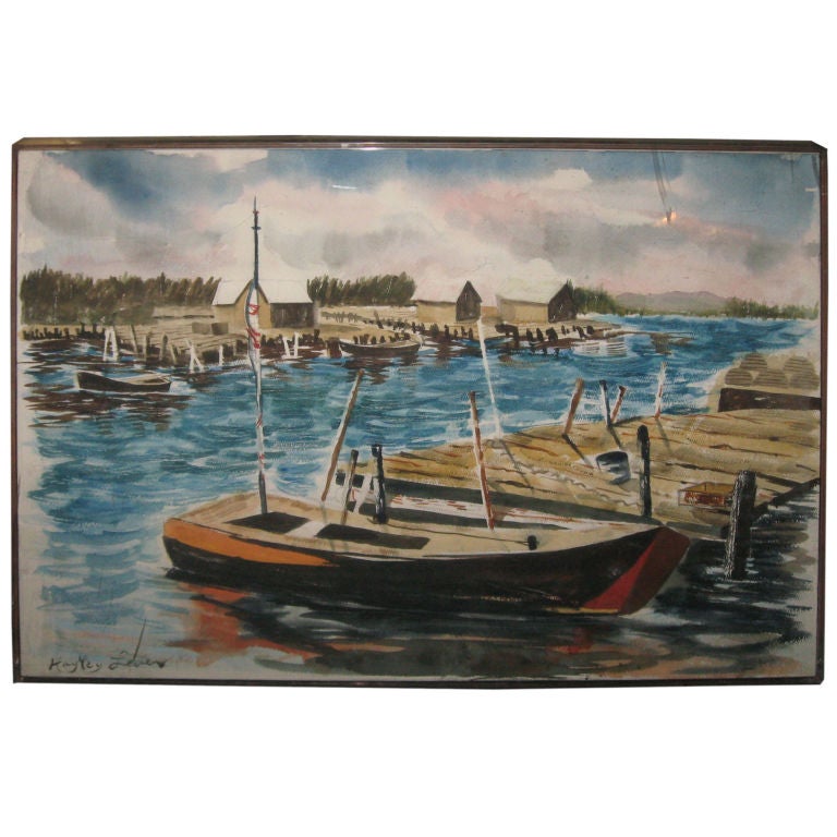 Watercolor Painting by Richard Hayley Lever-Harbor Scene For Sale