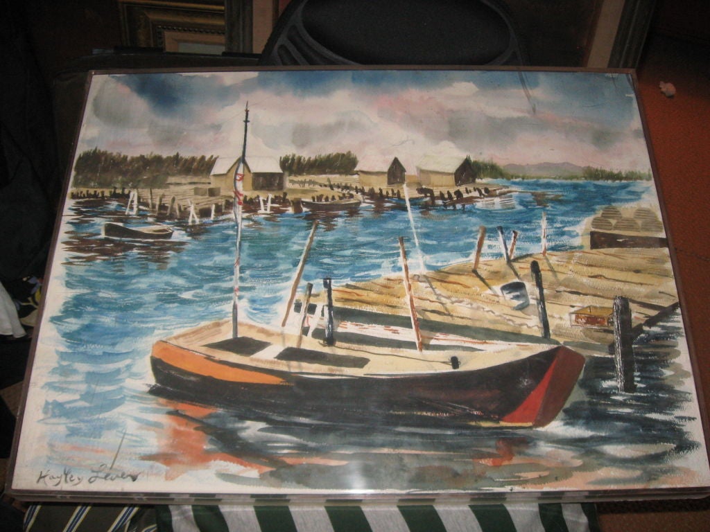 Watercolor of Harbor scene probably Gloucester Mass by listed Artist Richard Hayley Lever.