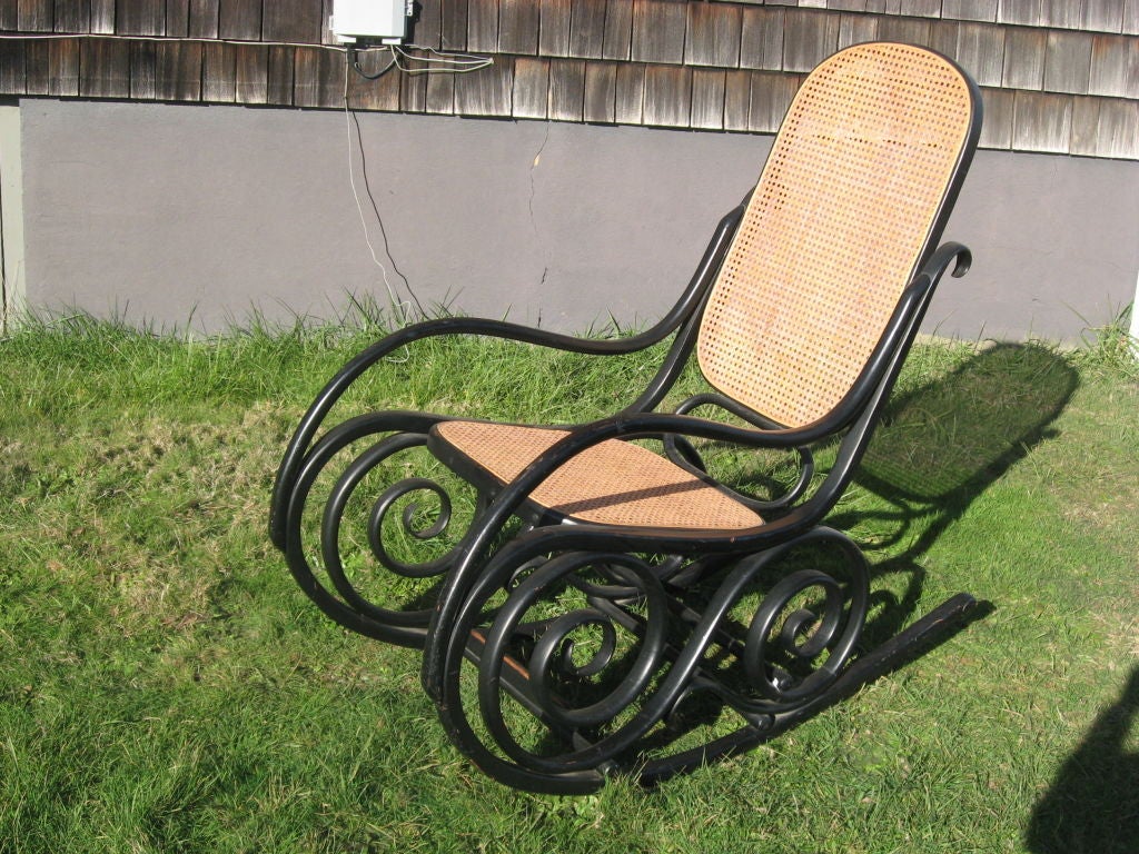 Ebonized 19thc Bentwood Rocking Chair with Cane Seat and Back Signed J.J.Kohn